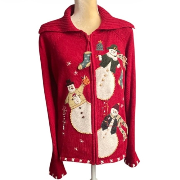 Tiara International Christmas Snowman Cardigan Sweater Womens Large Vintage - Picture 2 of 9